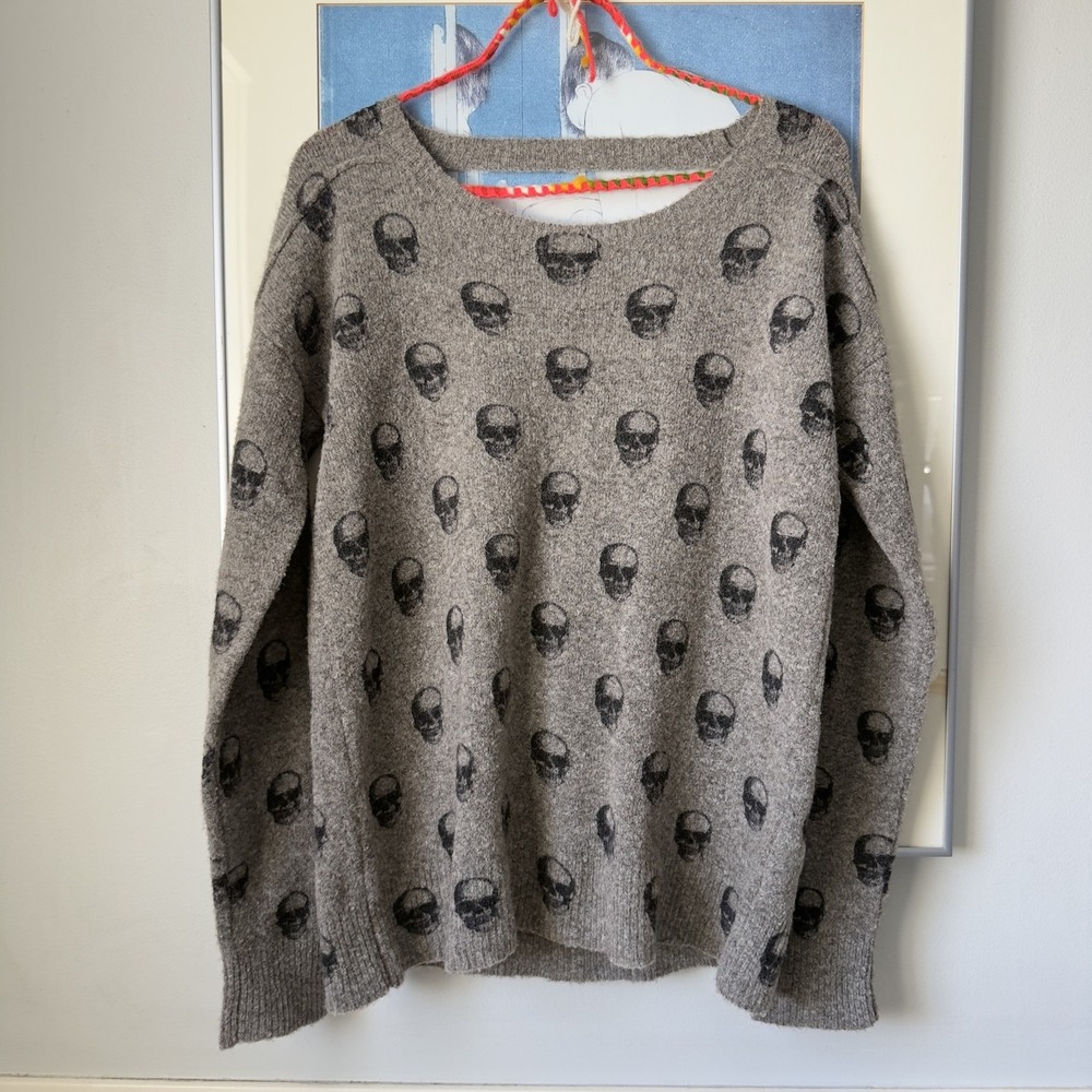 Skull Cashmere Jack Skull Print Raglan Sweater Womens XS Grey Black Cut Out Back